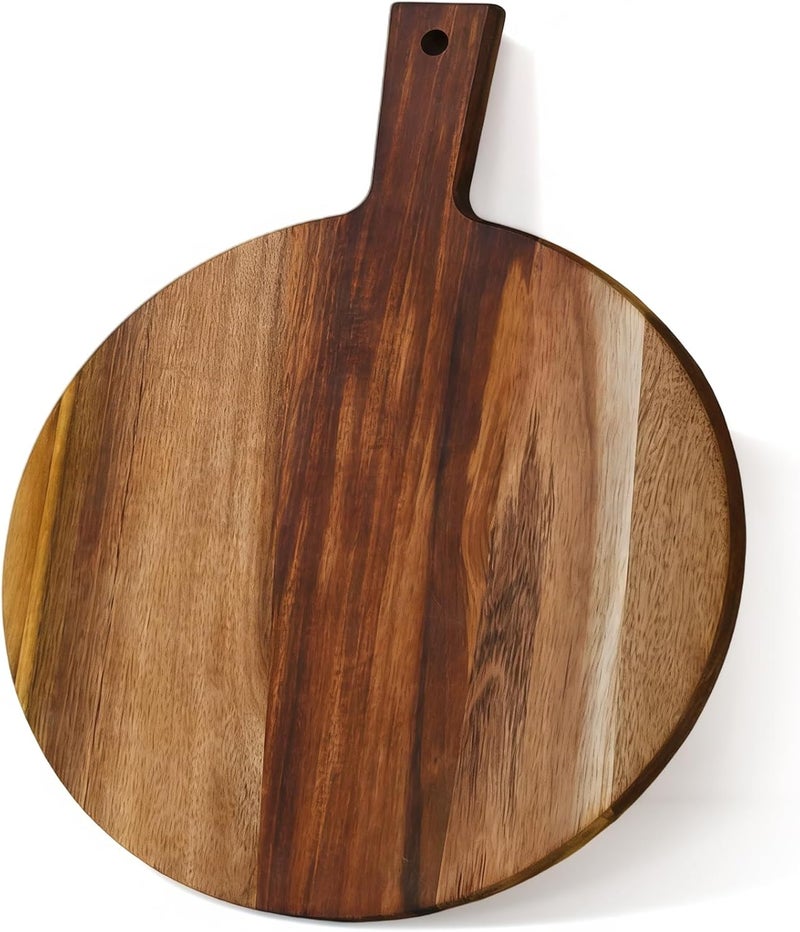 S310 Acacia Wood Round Cutting Board with Handle, Wooden Chopping Board for Meat, Cheese, Bread & Vegetables, Decorative Charcuterie Serving Board for Kitchen Cooking, Pizza & Party Dining, 17"x13" - Image 1